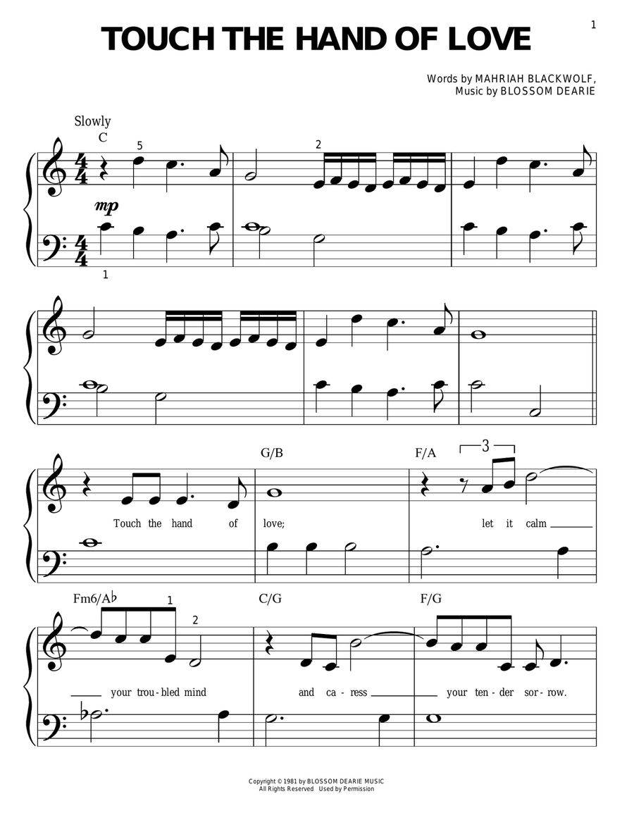 Touch The Hand Of Love Touch The Hand Of Love Easy Piano scores gallery preview page 1