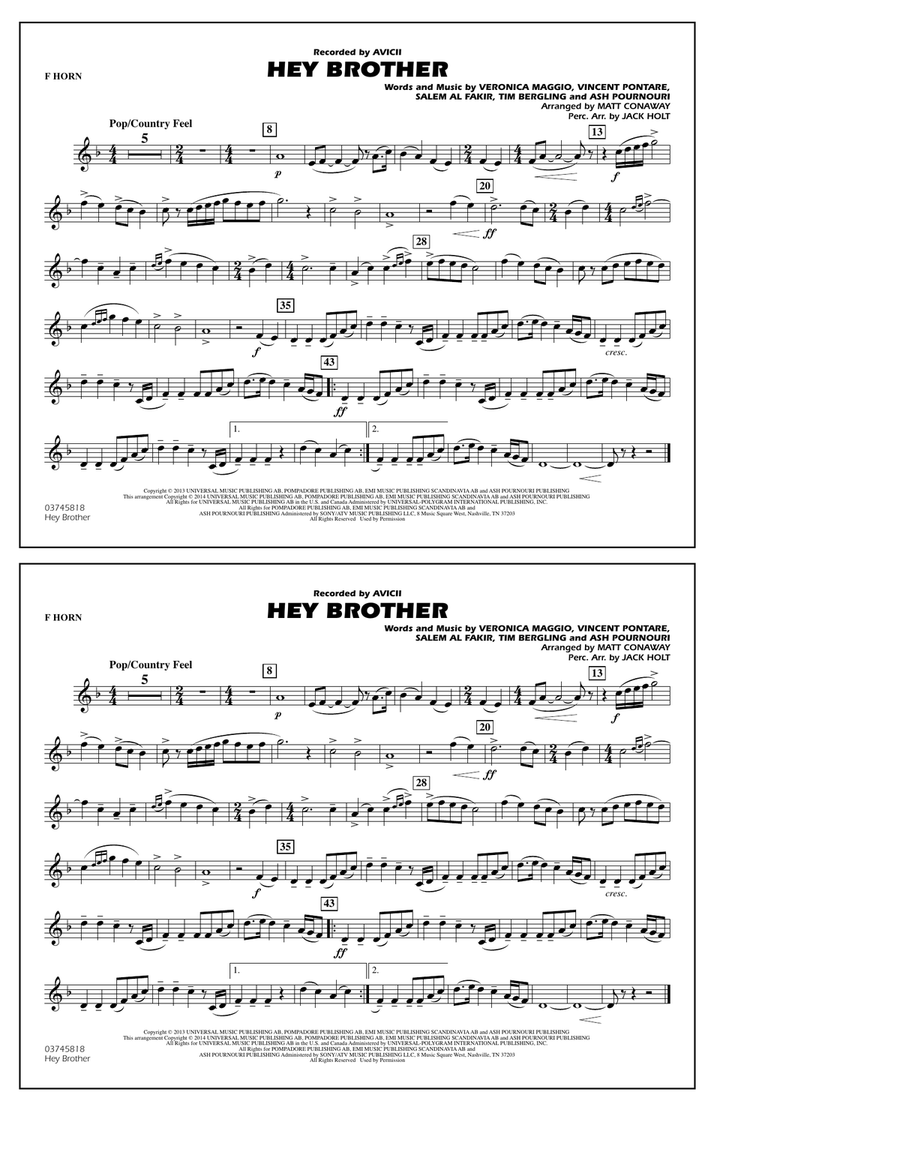Hey Brother - F Horn Marching Band scores gallery preview page 1