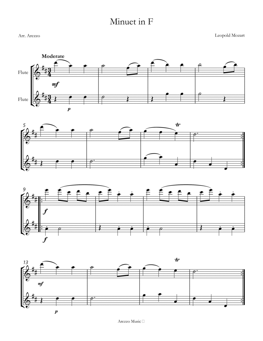Leopold Mozart Minuet In F Sheet Music For Flute Duet Flute Duet scores gallery preview page 1