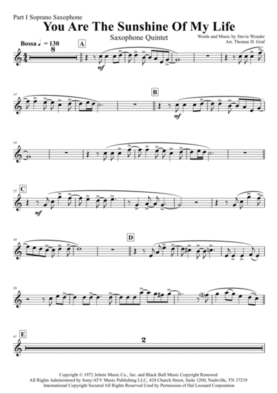 You Are The Sunshine Of My Life Saxophone Quintet scores gallery preview page 2