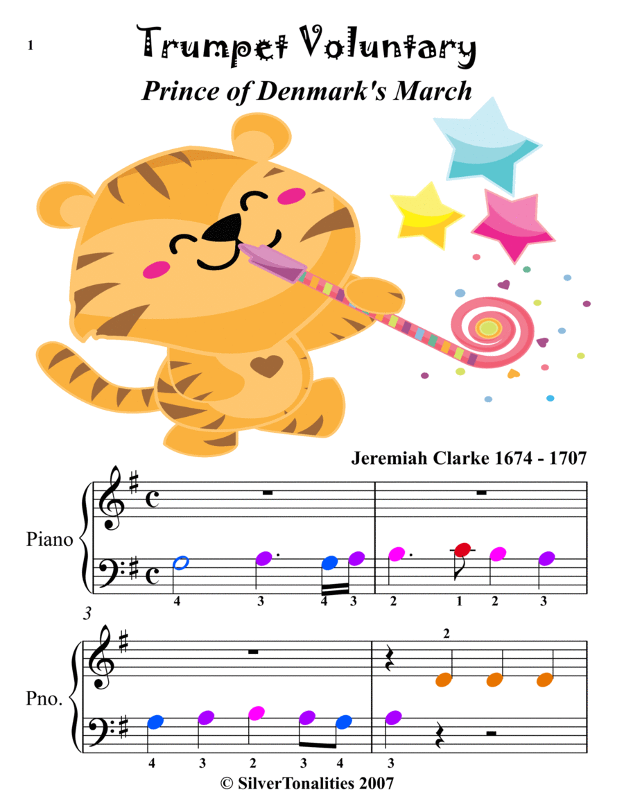 Trumpet Voluntary Prince of Denmark's March Beginner Piano Sheet Music with Colored Notes