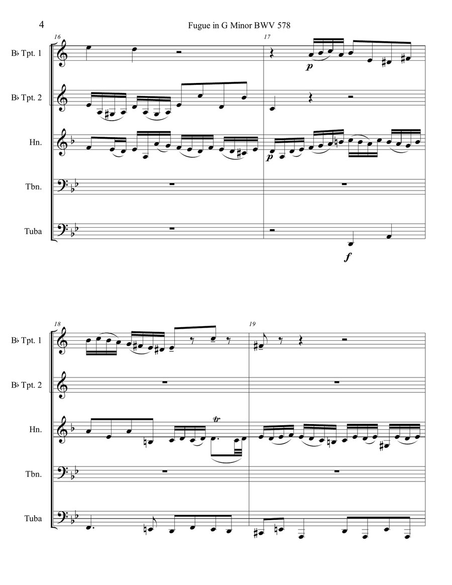 Bach Little Fugue in G Minor for Brass Quintet BWV 578 Brass Quintet scores gallery preview page 6