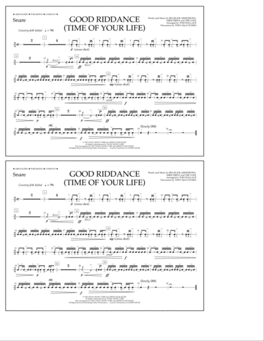 Good Riddance (Time of Your Life) - Snare Marching Band scores gallery preview page 1