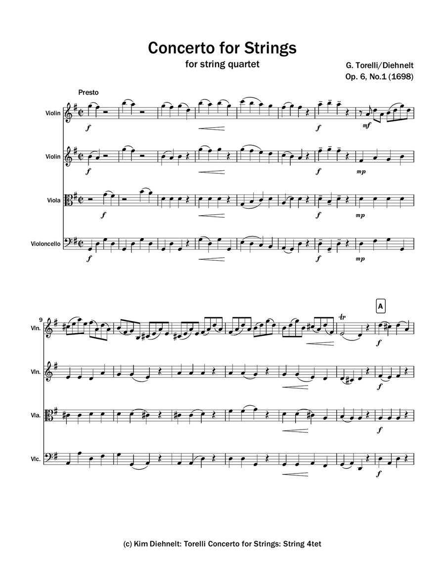 Torelli: Concerto for strings, Op 6, No. 1 - for string quartet String Quartet scores gallery preview page 2