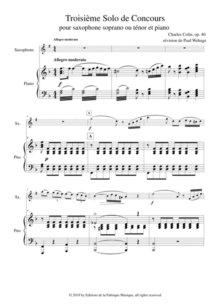Charles Colin: Solo de Concours no 3, Opus 40 arranged for Bb soprano or tenor saxophone and piano