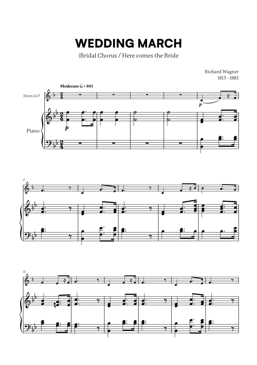Richard Wagner - Wedding March (Here comes the Bride) (for French Horn and Piano) Horn scores gallery preview page 1