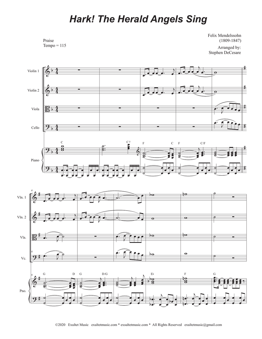 Hark! The Herald Angels Sing (String Quartet and Piano) String Quartet scores gallery preview page 1
