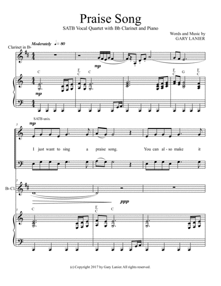 PRAISE SONG (SATB Vocal Quartet with Bb Clarinet & Piano) image number null