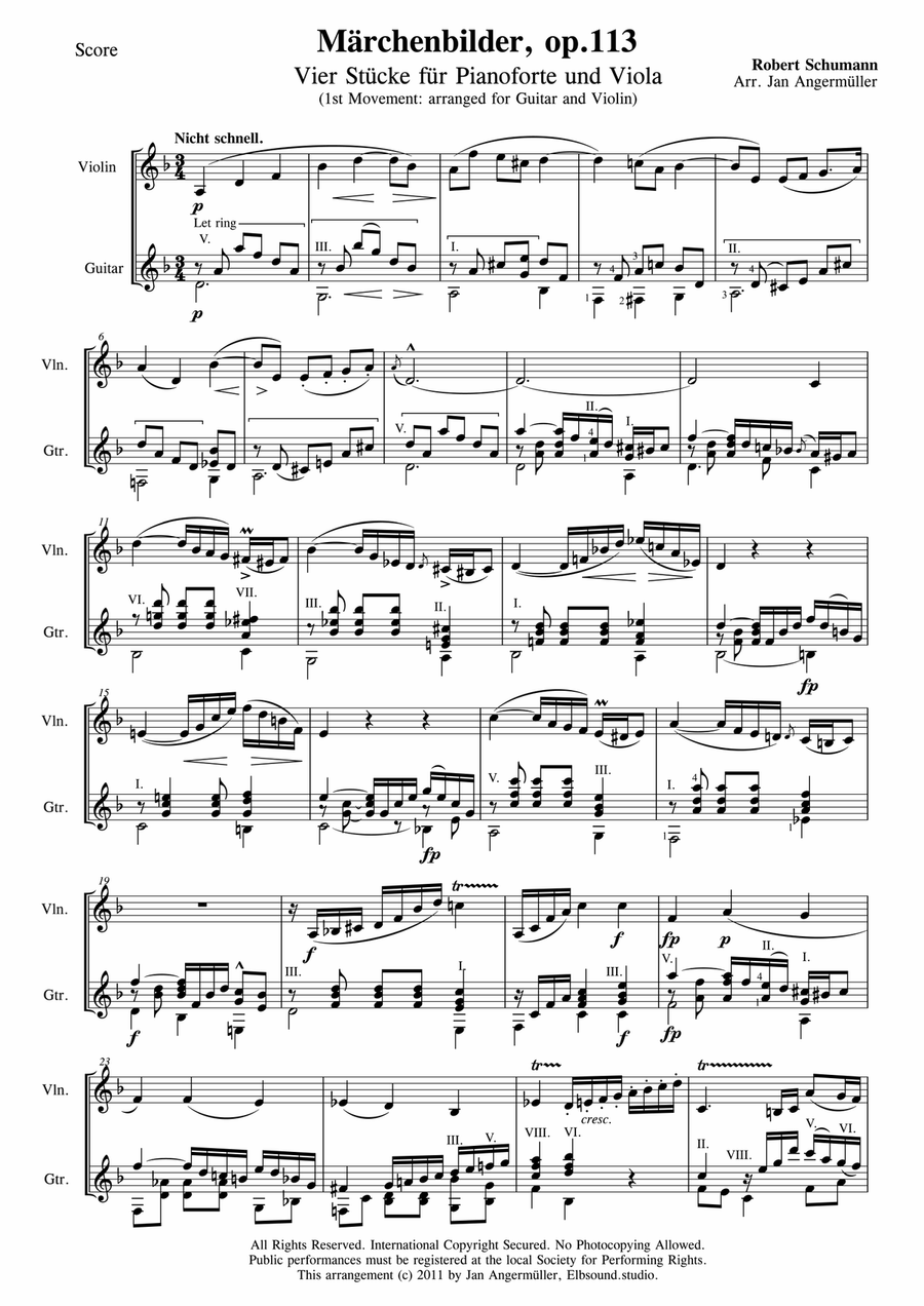 Märchenbilder, op.113, 1st Movement (Duet for Classical Guitar+Violin) String Duet scores gallery preview page 3
