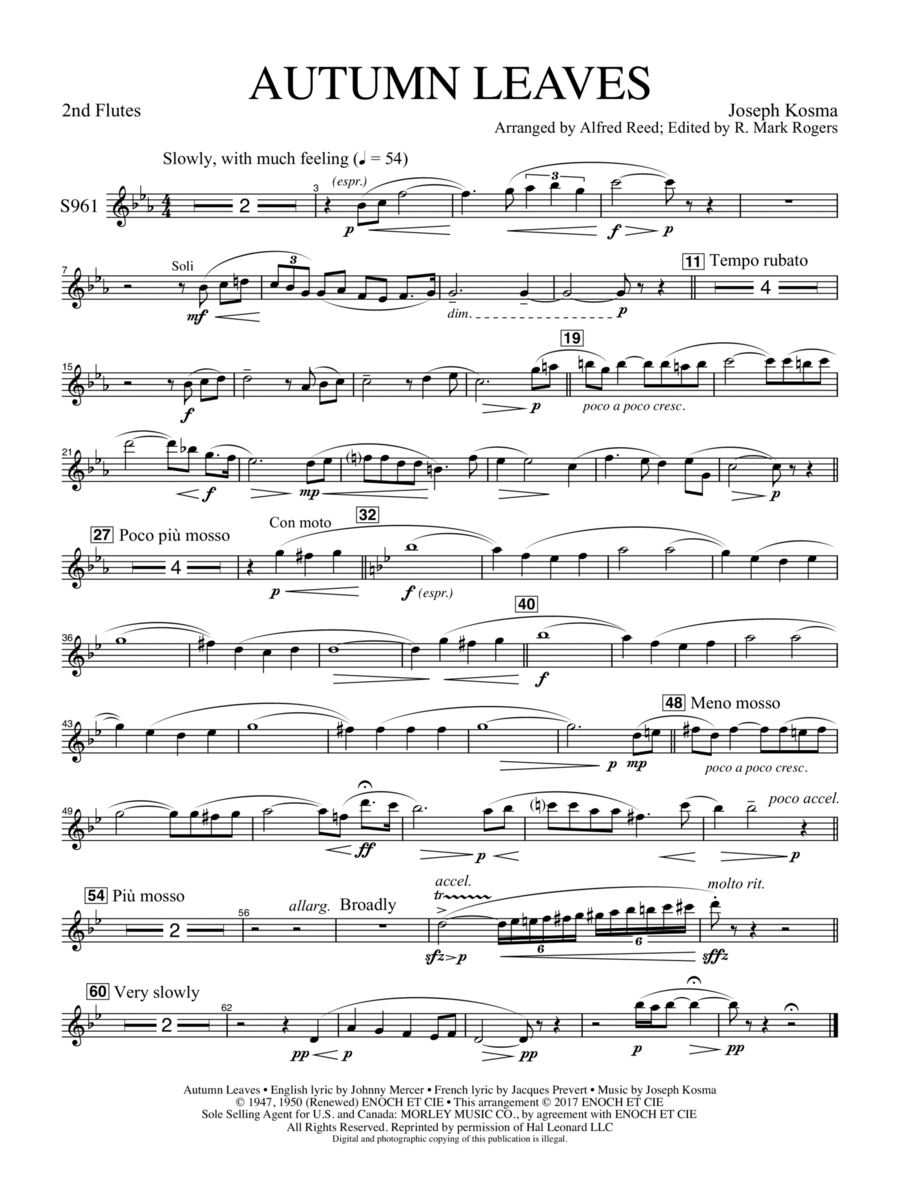 Autumn Leaves (Les feuilles mortes) - Flute 2 Concert Band scores gallery preview page 1