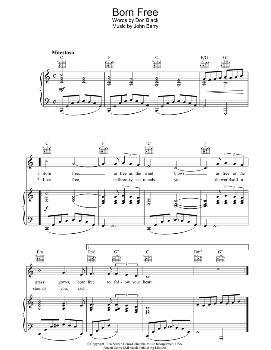 Born Free Born Free Piano, Vocal, Guitar scores gallery preview page 1