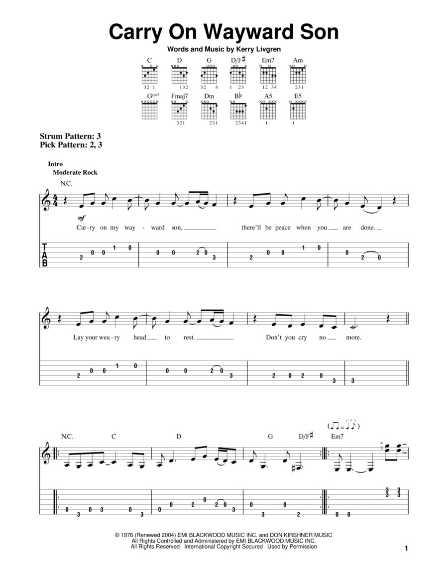 Carry On Wayward Son Acoustic Guitar scores gallery preview page 1