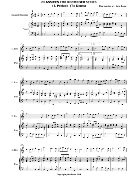 CLASSICS FOR RECORDER SERIES 13 Prelude (Te Deum) Charpentier for Descant Recorder and Piano image number null