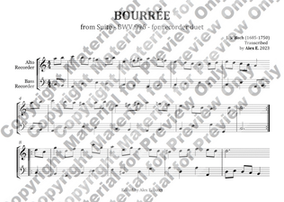 Bourrée - BWV 1067 For Recorder Duet (Landscape Format)