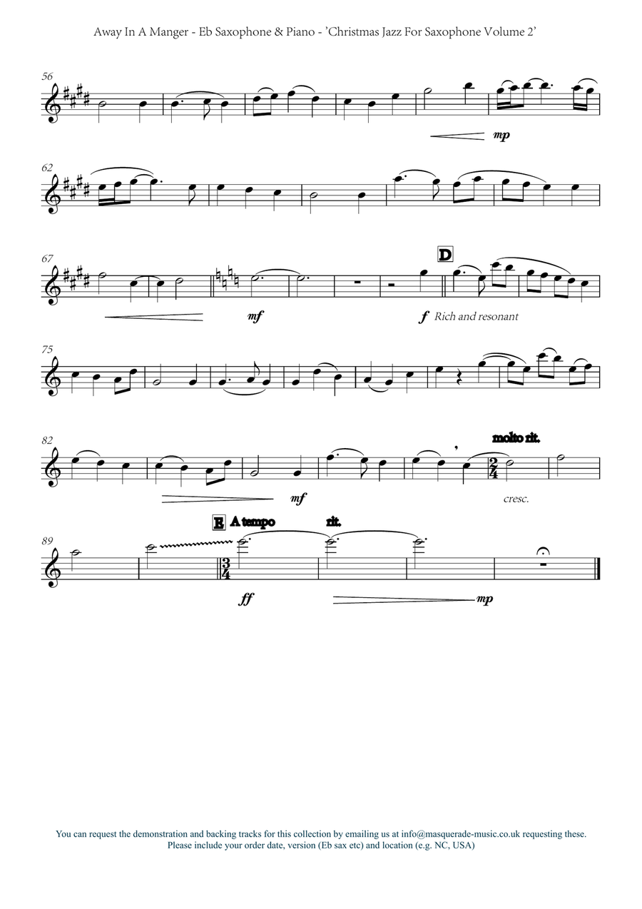 Away In A Manger - Eb Saxophone and Piano (smooshy jazz ballad) by Chris Lawry and Keri Degg. Includ Alto Saxophone scores gallery preview page 2