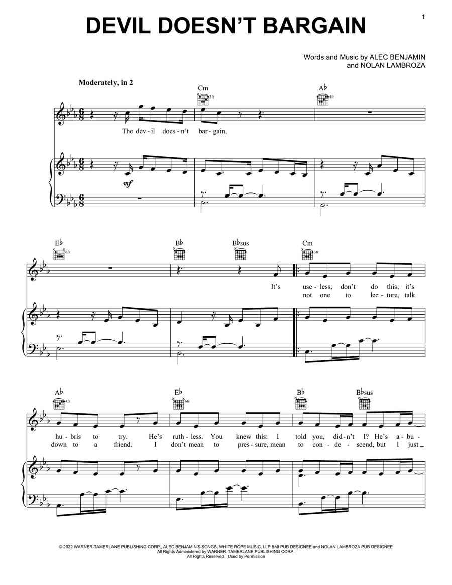 Devil Doesn't Bargain Piano, Vocal, Guitar scores gallery preview page 1