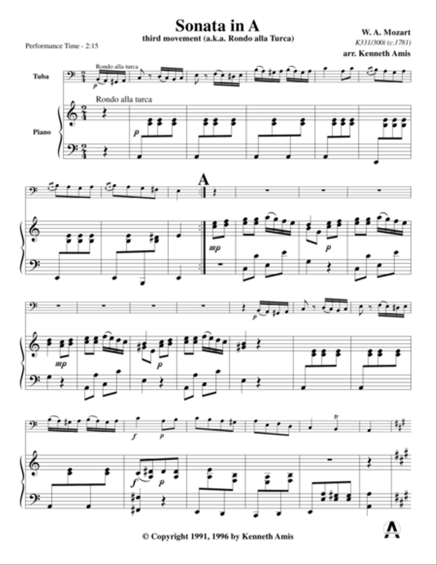 Piano Sonata in A (Third Movement --a.k.a. Turkish March) for tuba & piano Baritone Horn scores gallery preview page 3