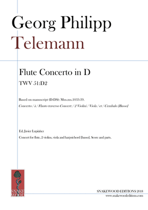 Book cover for Telemann – Flute Concerto in D Major TWV 51:D2 (Score and parts in PDF)