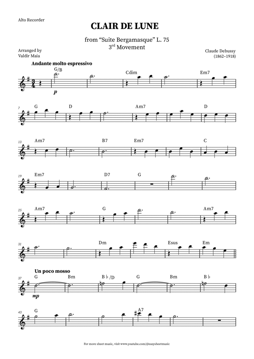 Clair de Lune - Alto Recorder + CHORDS image number null