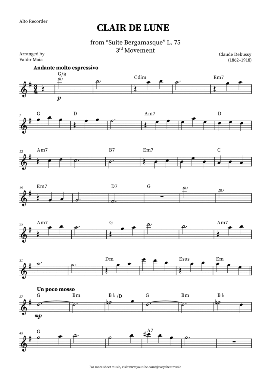 Clair de Lune - Alto Recorder + CHORDS Alto Recorder scores gallery preview page 1