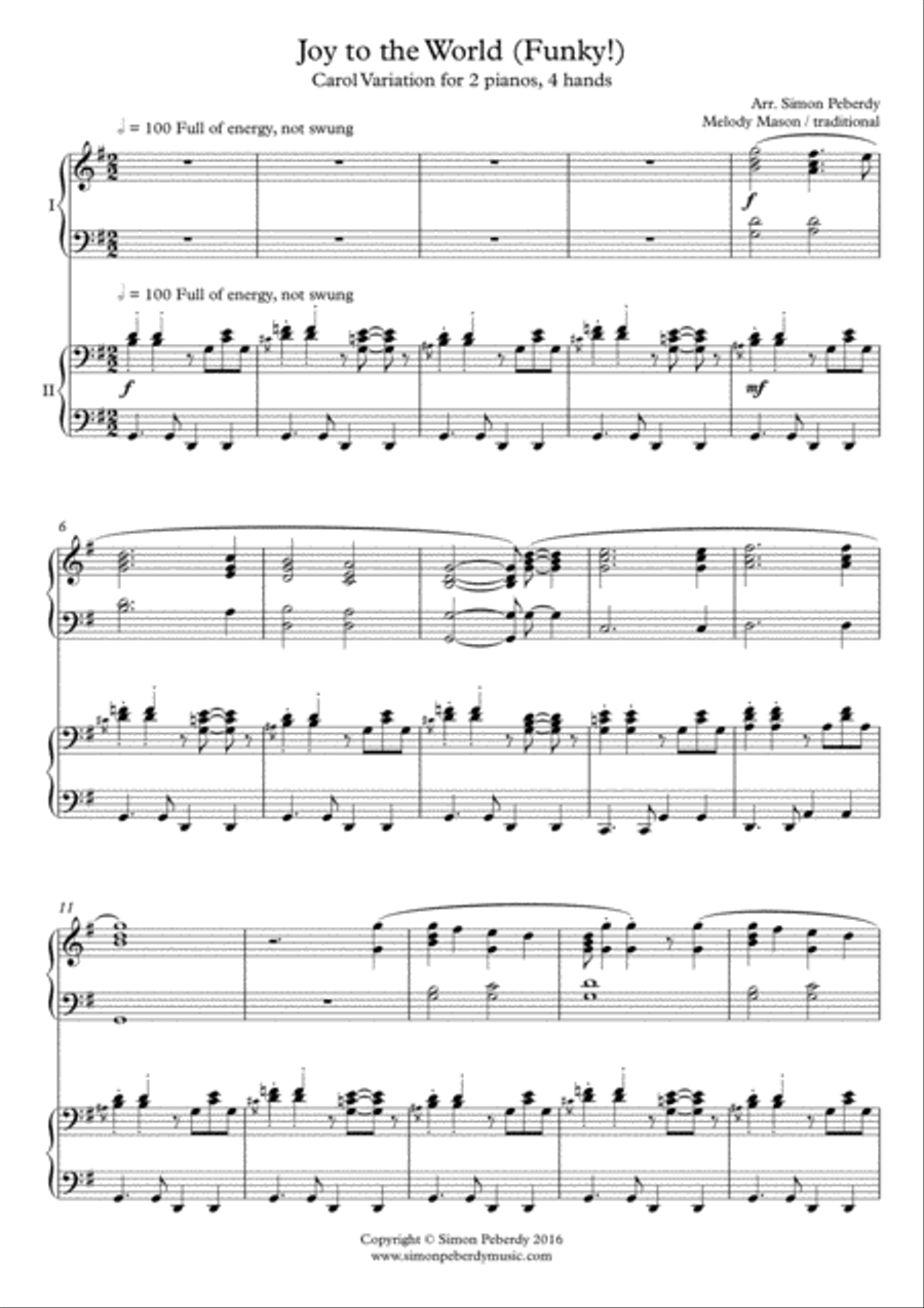 Joy to the World - funky!, fun carol variations for 2 pianos 4 hands 2 Pianos, 4-Hands scores gallery preview page 1