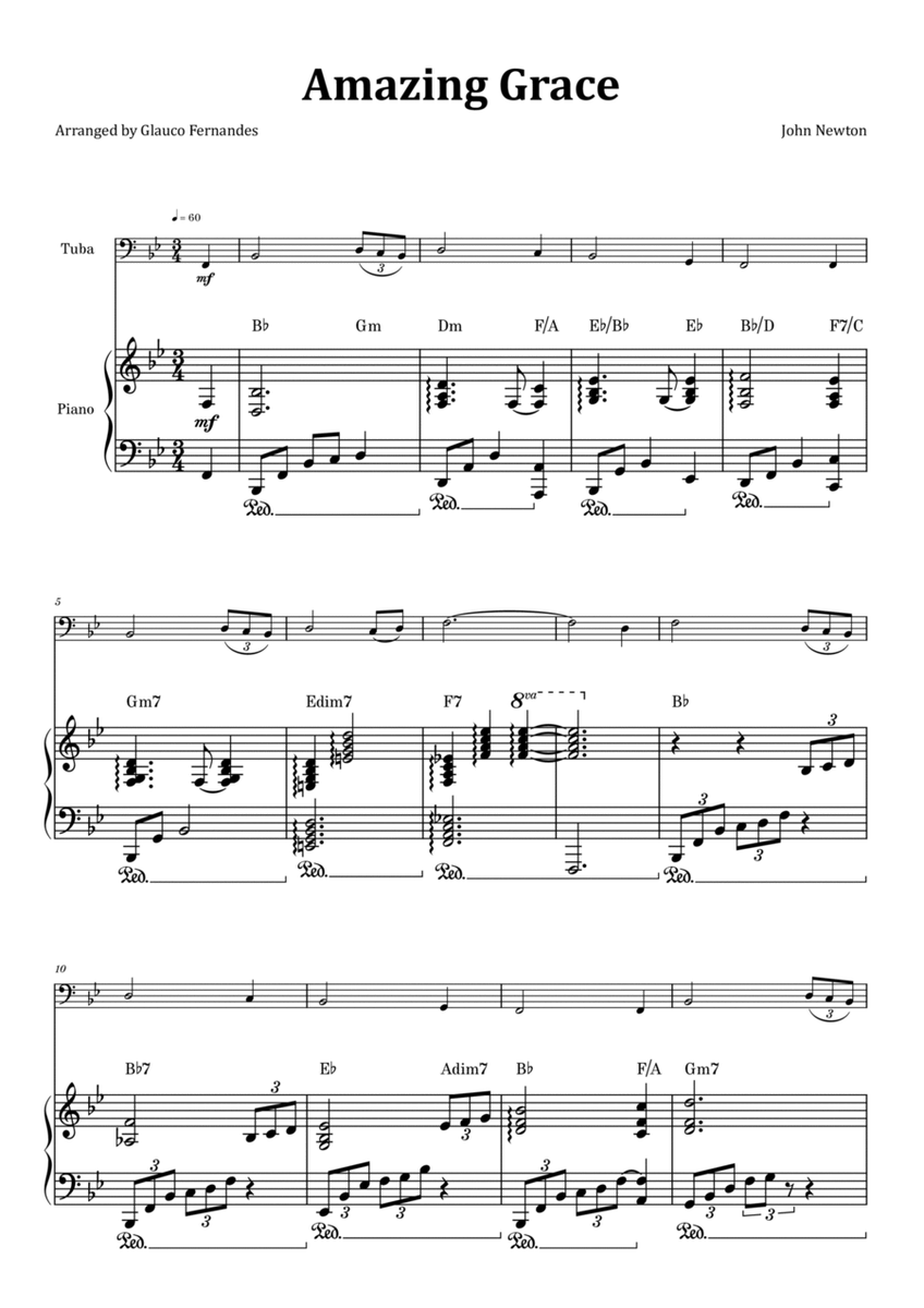 Amazing Grace - Tuba & Piano with Chord Notation image number null