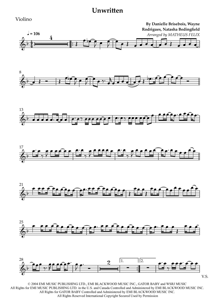 Unwritten Violin Solo scores gallery preview page 1