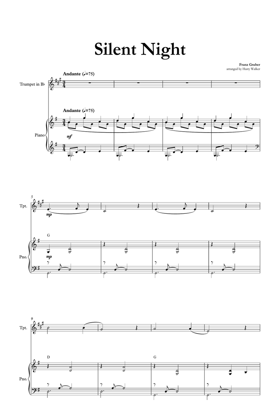 Silent Night (Franz Gruber) for Trumpet in B-flat and Piano Chamber Music scores gallery preview page 4