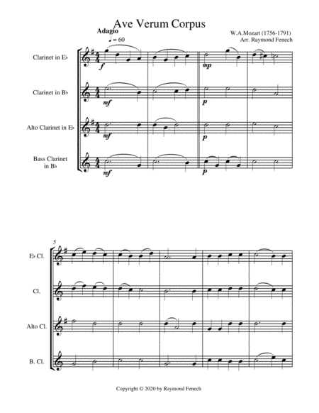 Ave Verum Corpus - Mozart - Clarinet Choir Quartet - (Eb; Bb, Alto & Bass Clarinets) - Intermediate image number null