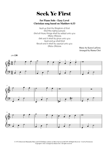 Seek Ye First (Christian Song) - for Piano Solo /Easy Level image number null