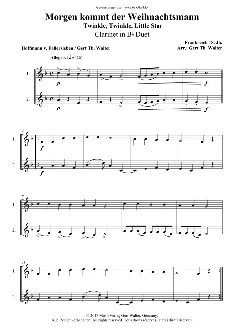 Twinkle, Twinkle, Little Star Clarinet Duet scores gallery preview page 1