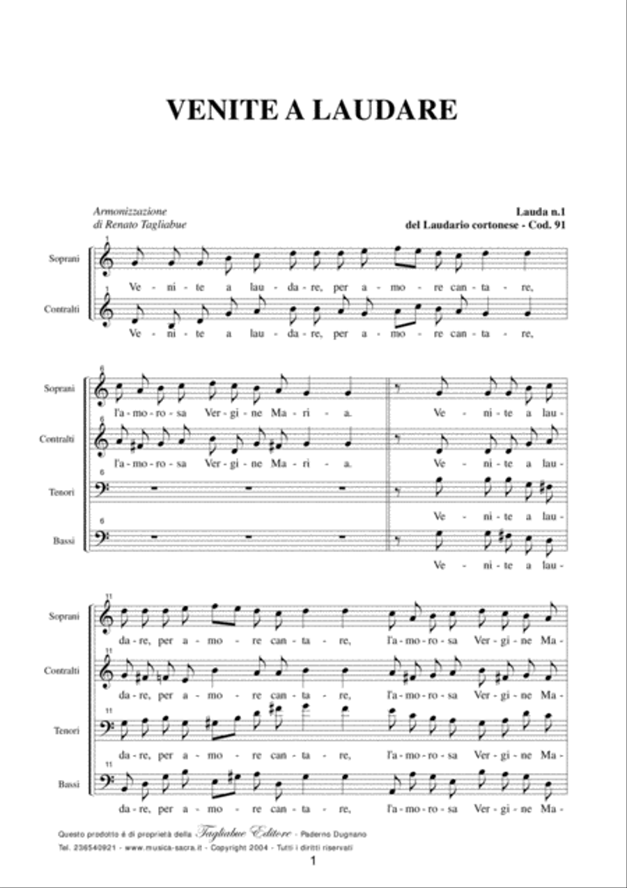 LAUDARIO CORTONESE - 6 Laude - Look inside - Arr. for SATB Choir image number null