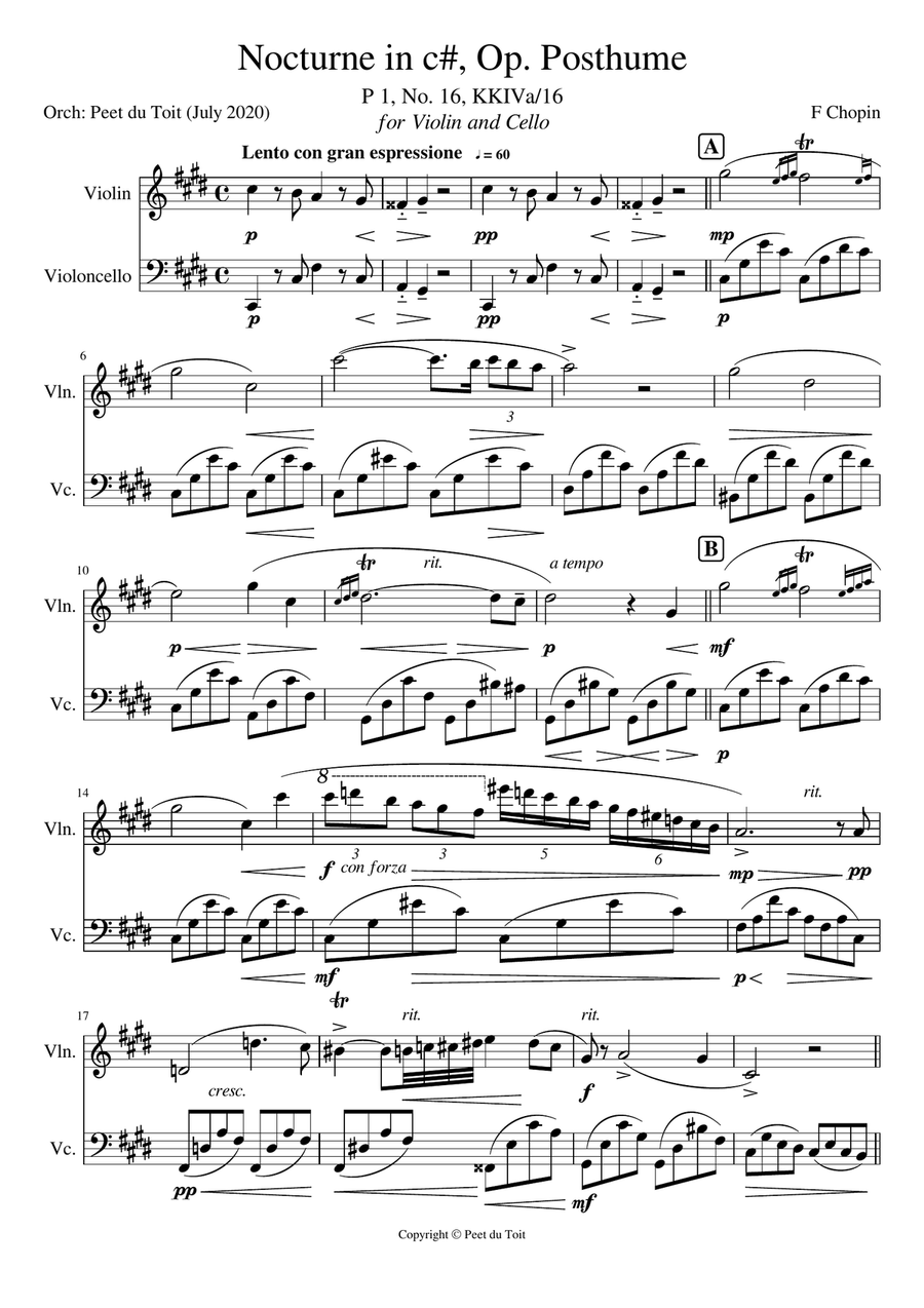 Nocturne in c#, Op. Posthume - F Chopin (Violin & Cello) String Duet scores gallery preview page 1