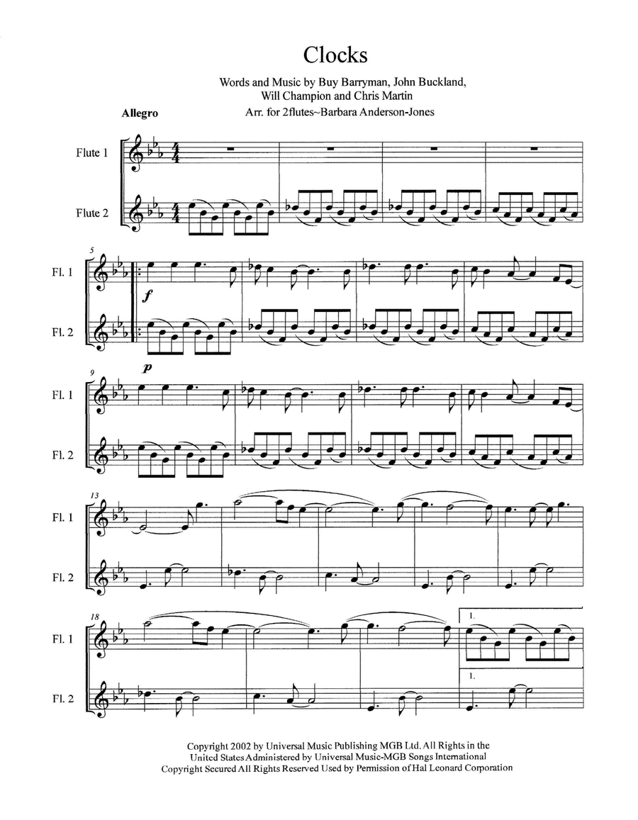 Clocks Flute Duet scores gallery preview page 2