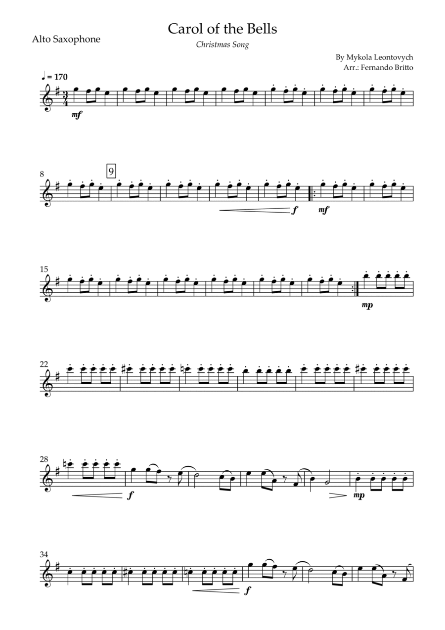 Carol of the Bells in Jazz Version Christmas Song for Alto Saxophone Solo