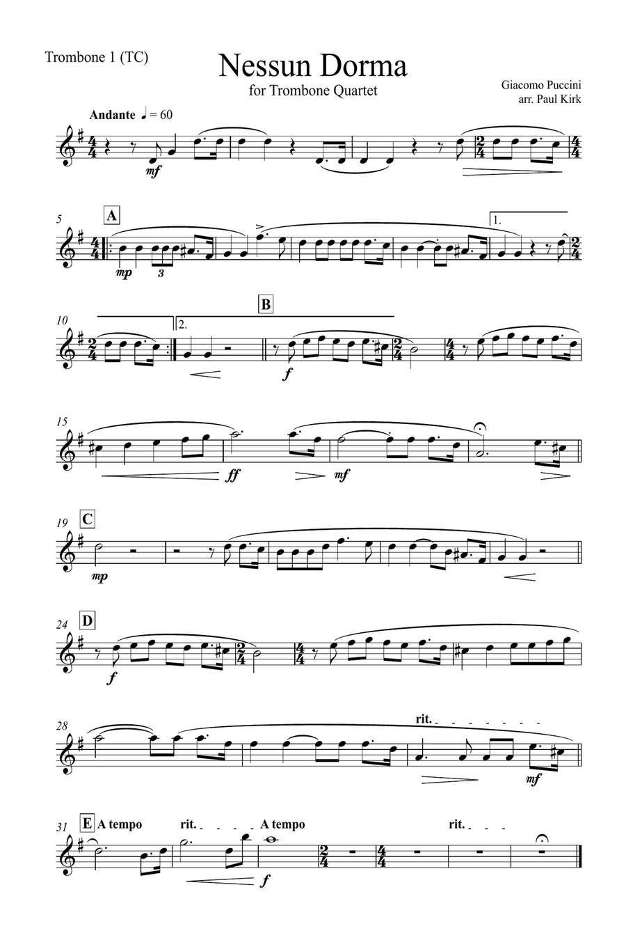 Nessun Dorma - Trombone Choir Brass Quartet scores gallery preview page 4