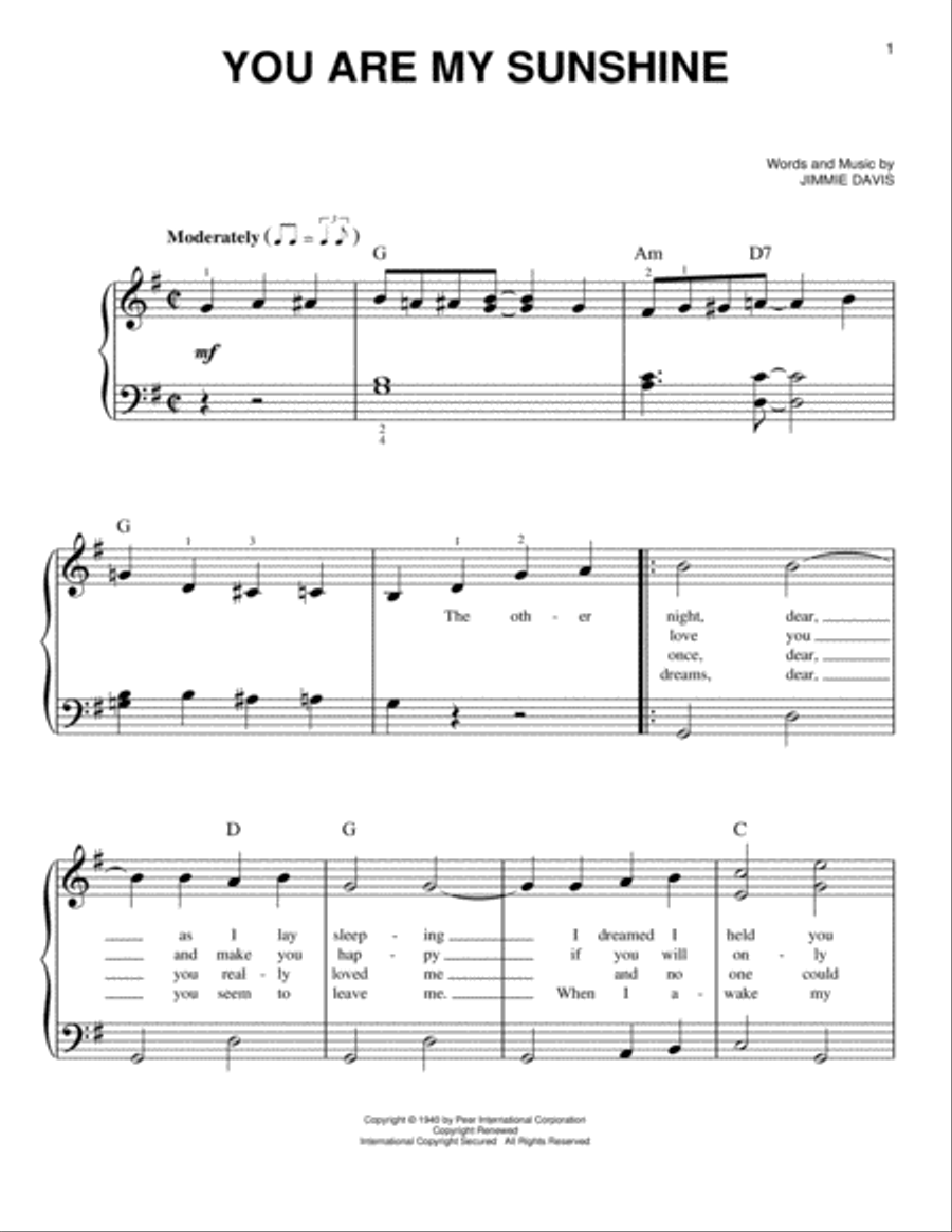 You Are My Sunshine Easy Piano scores gallery preview page 1