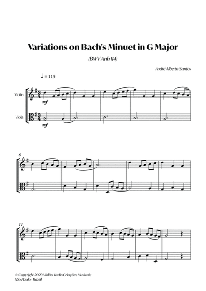 4 Variations on Minuet in G Major (BWV 114) - (J. S. Bach) - For Violin and Viola Duo image number null