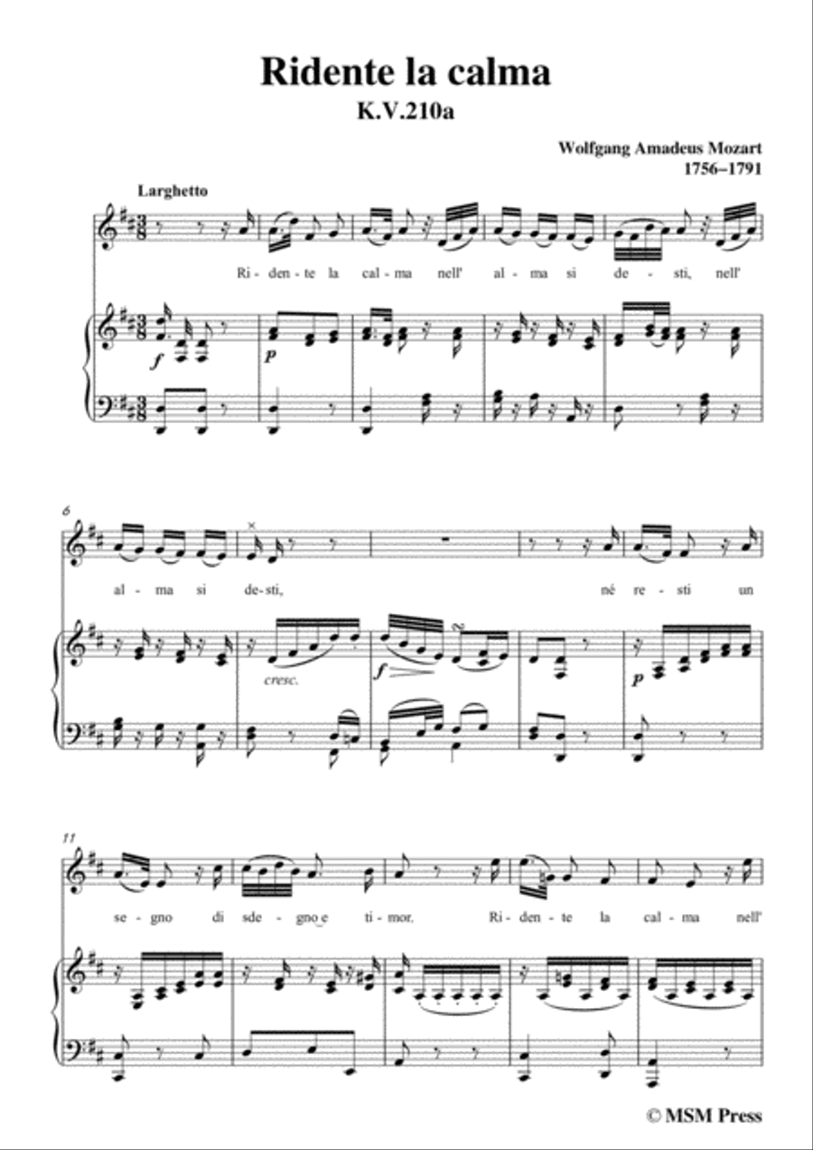 Mozart-Ridente la calma,in D Major,for Voice and Piano Voice Solo scores gallery preview page 3