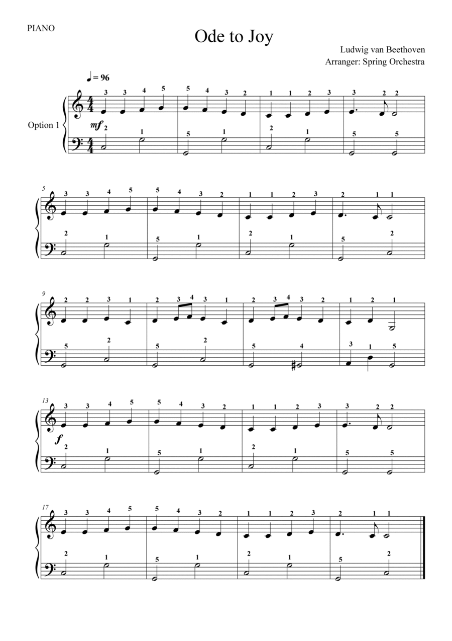 Ode to Joy Easy Piano for Beginners (with finger numbers) Piano Method scores gallery preview page 1