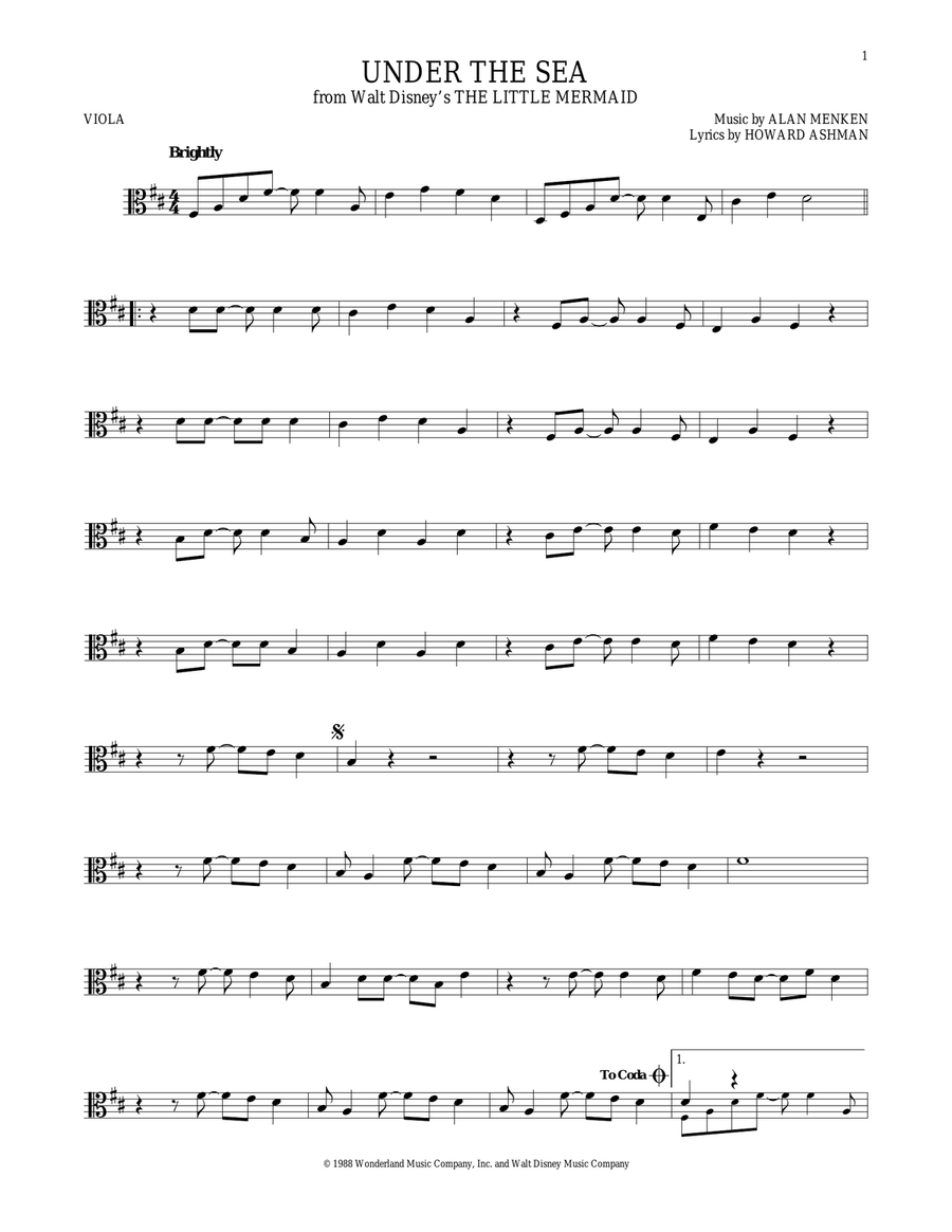 Under The Sea (from The Little Mermaid) Viola Solo scores gallery preview page 1
