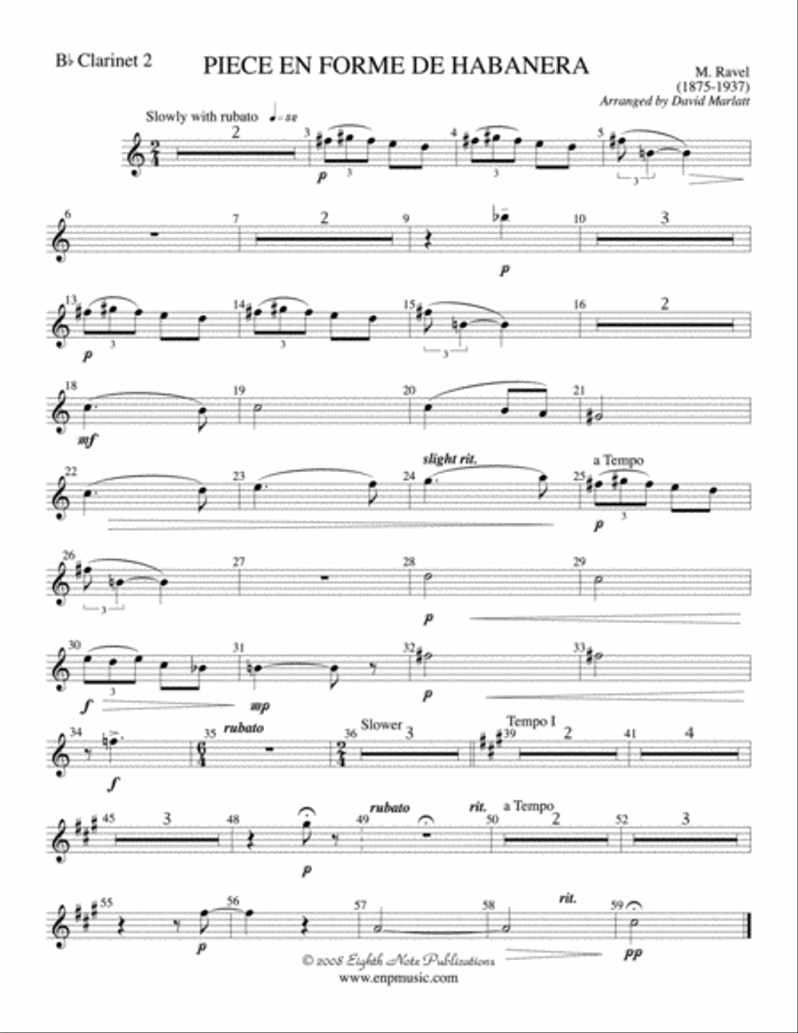 Piece en Forme de Habanera (Soloist and Concert Band): 2nd B-flat Clarinet Concert Band scores gallery preview page 1