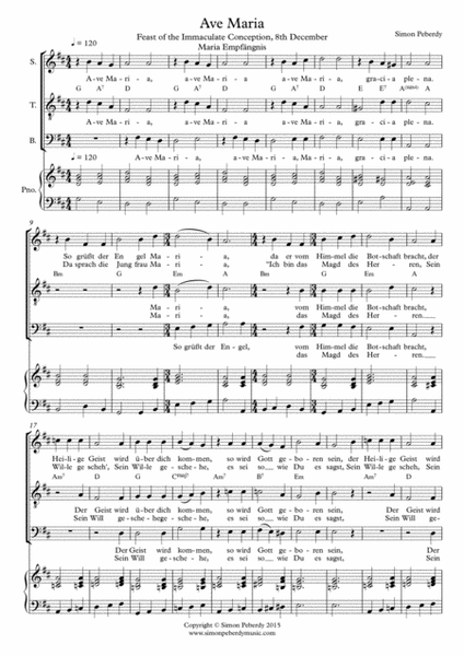 Ave Maria for STB (or S&T) & guitar / piano, in German, suitable for Maria Emfpängnis by Simon Peberdy STB - Digital Sheet Music