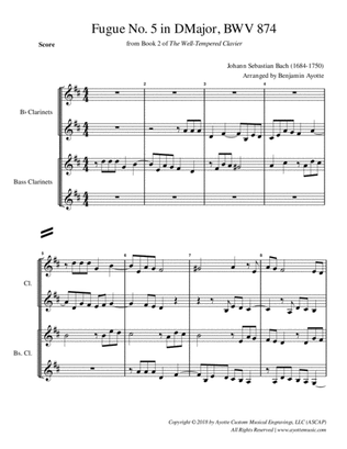Fugue No. 5 in D Major (WTC Book 2) for Clarinet Quartet