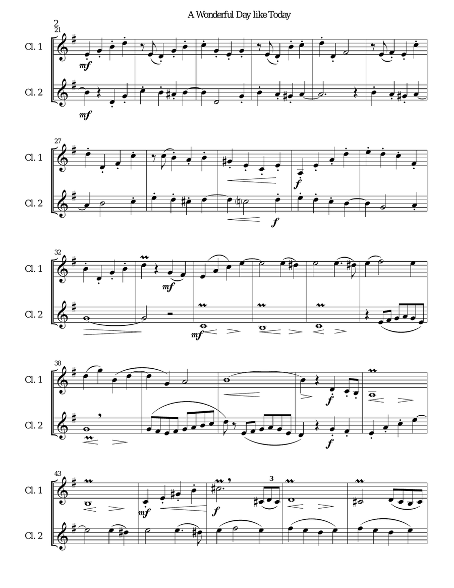 A Wonderful Day Like Today Clarinet Duet scores gallery preview page 2