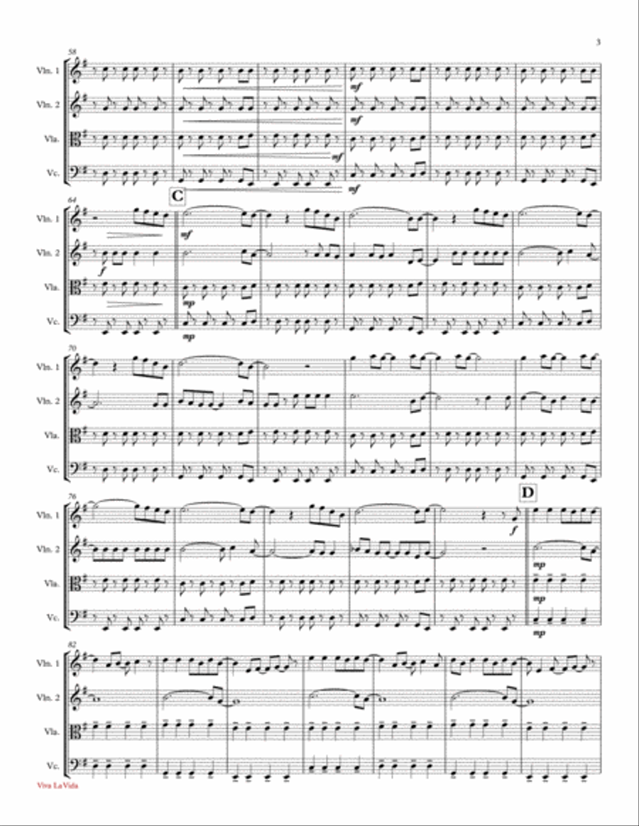 Viva La Vida Viva La Vida String Quartet scores gallery preview page 3
