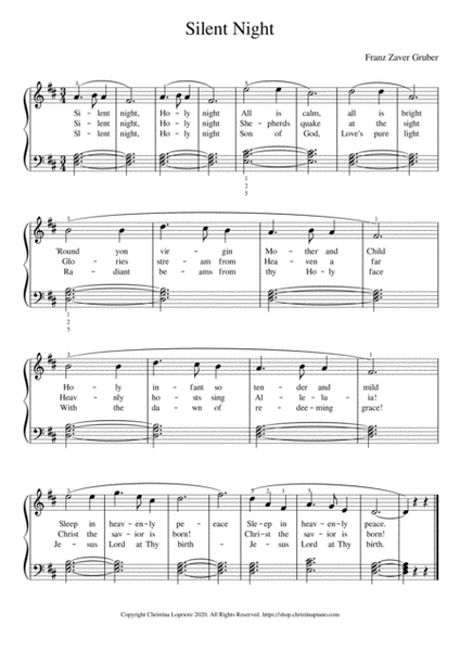 Silent Night Easy Piano Sheet Music Download with Lyrics in D Major