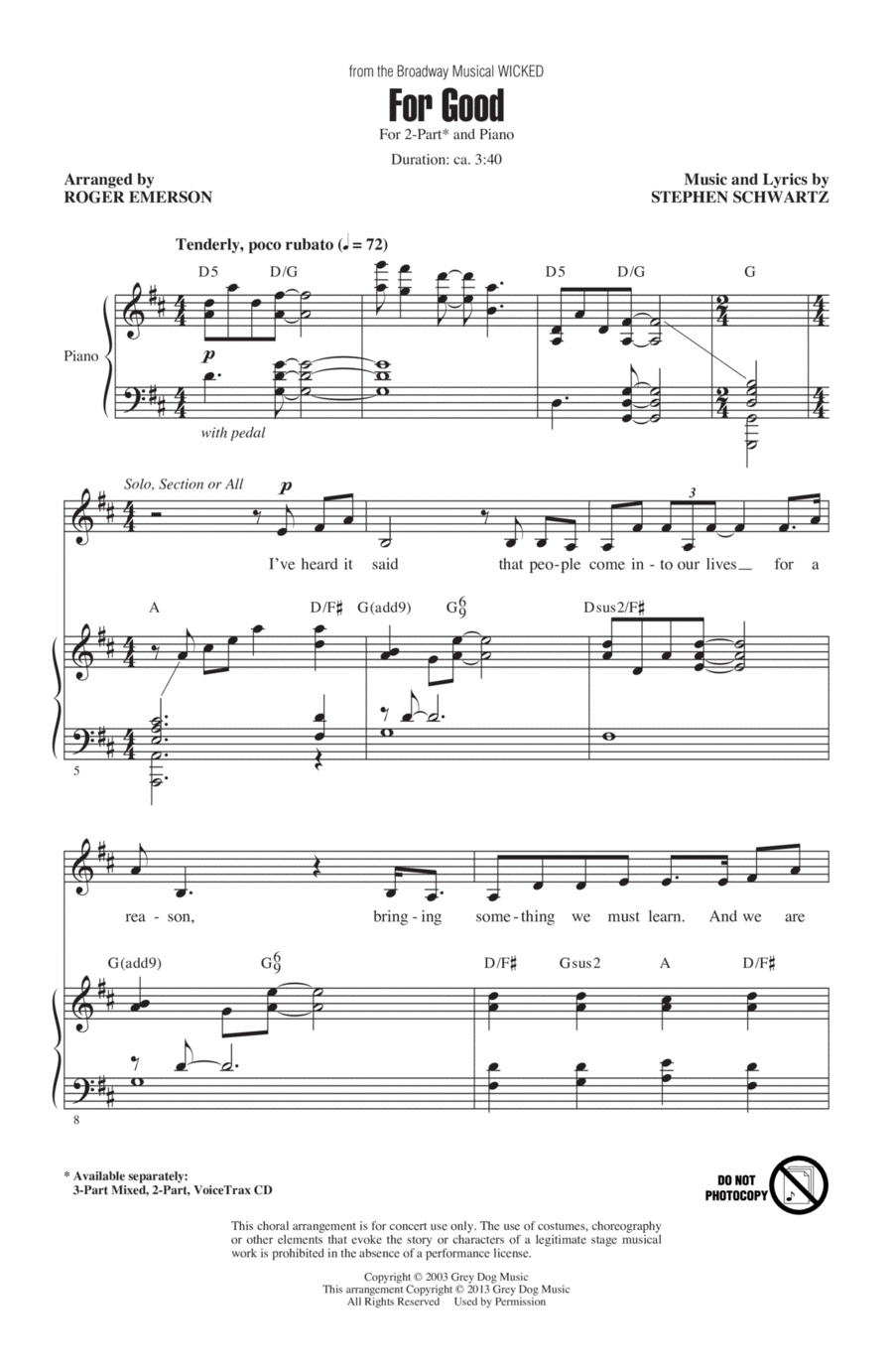 For Good (from Wicked) (arr. Roger Emerson) 2-Part scores gallery preview page 1