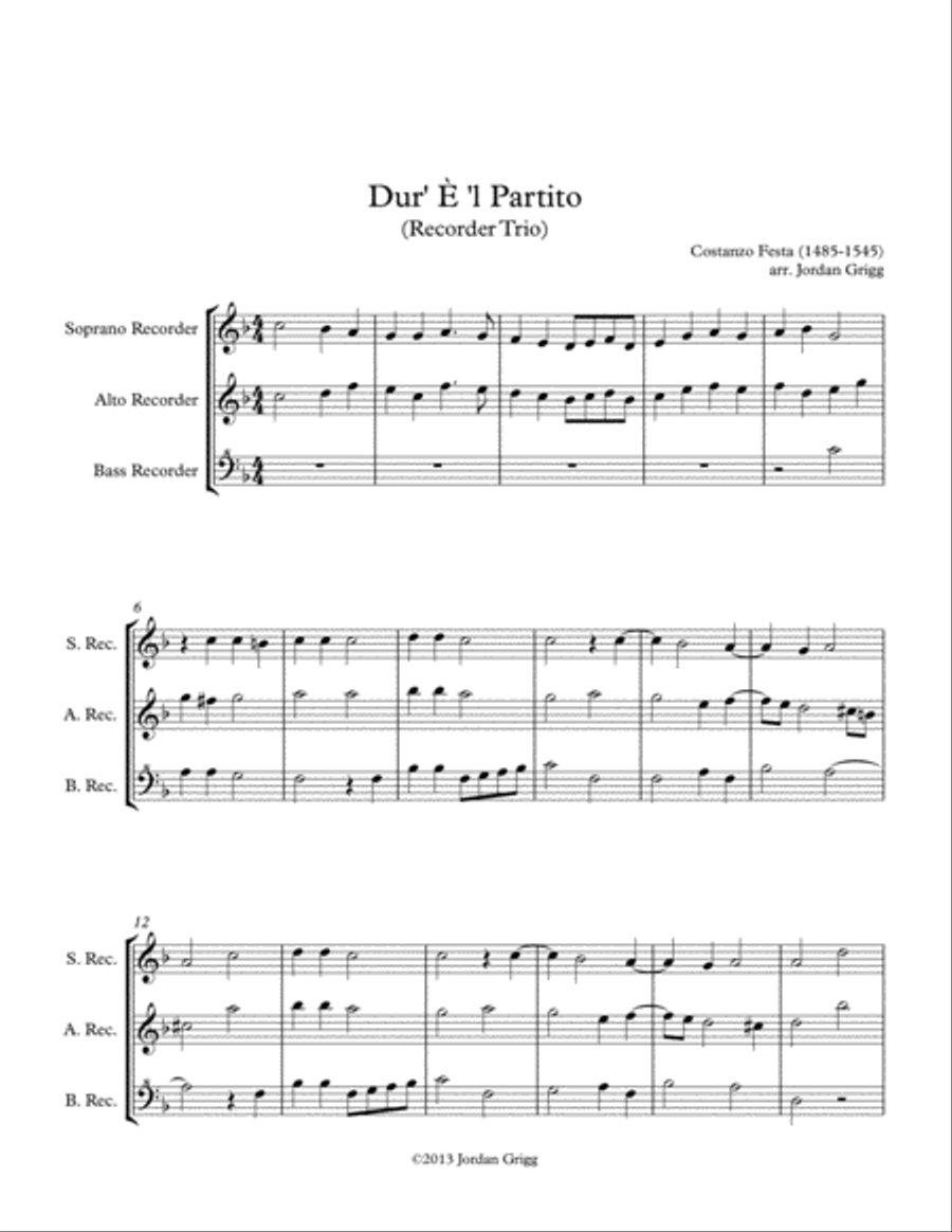 Dur' È 'l Partito (Recorder Trio) Brass Ensemble scores gallery preview page 1