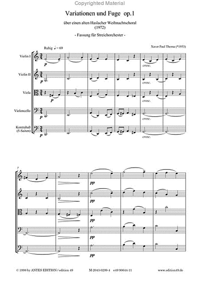 Variationen und Fuge op. 1 (1972) XPT 2 uber einen alten Haslacher Weihnachtschoral (Stille rings, da hallen Glocken)
